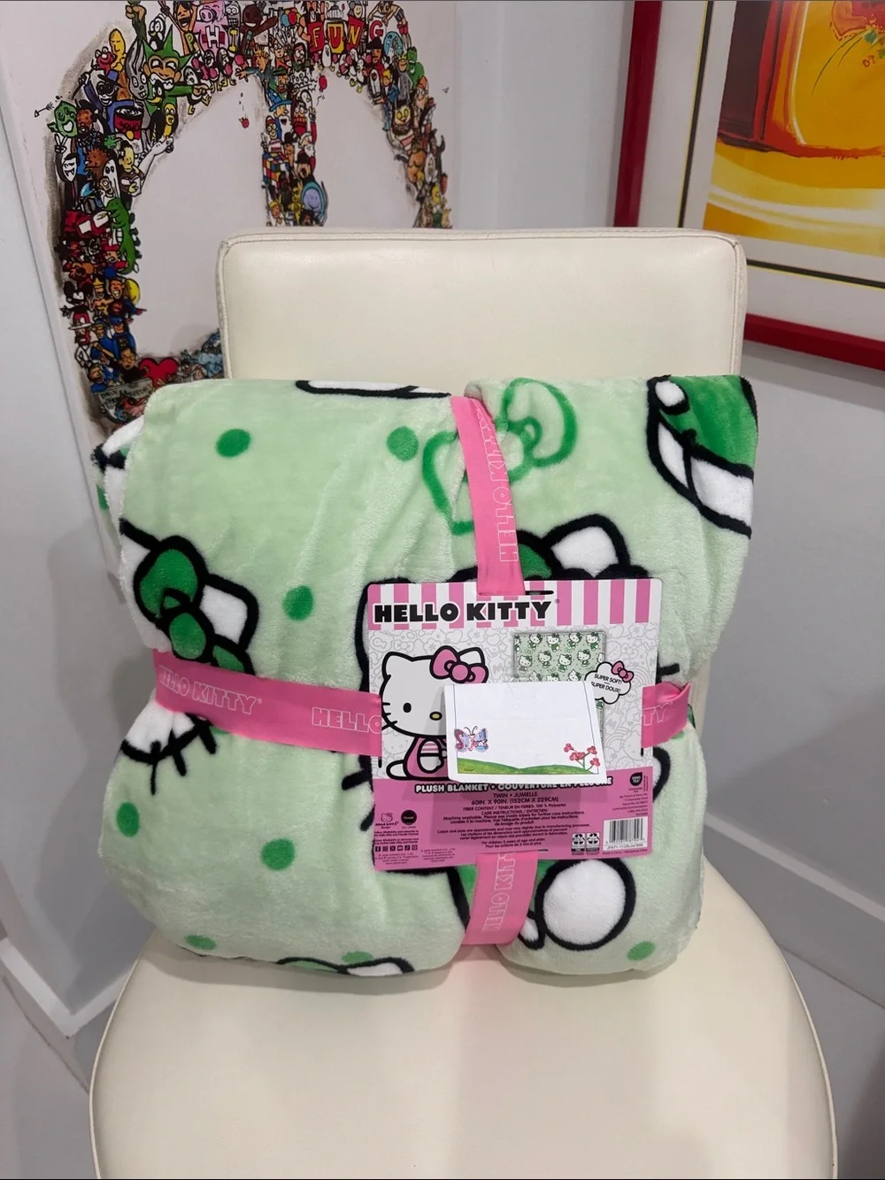 Hello Kitty St Patricks Day Mint Green/White/Black Plush Throw with Pink Accents